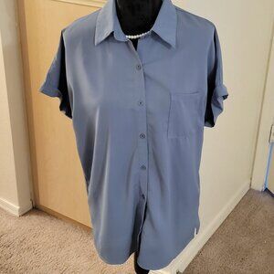 Pausus Women's Short Sleeve Button Down Shirt with Pocket, Steel Blue, Size M
